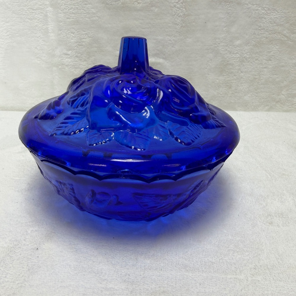 VTG NOB Cobalt Blue Glass Rose Embossed Lidded Candy Dish Trinket Bowl‎